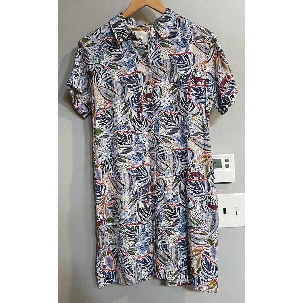 C&C California Shirt Dress Linen Botanical Button Up Short Sleeve Small New